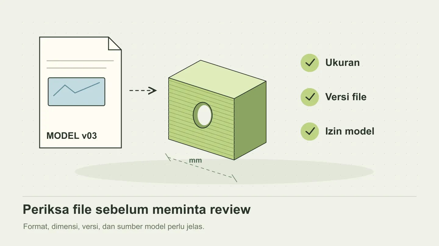 Model tiga dimensi dan dokumen dengan tanda centang untuk pemeriksaan file sebelum dicetak.