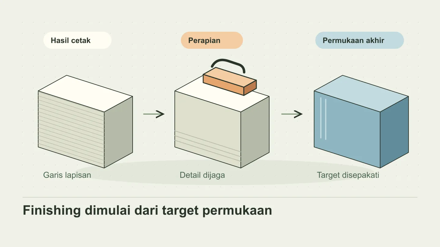 Tahapan ilustratif permukaan cetak berlapis, penghalusan, dan hasil dengan lapisan akhir.