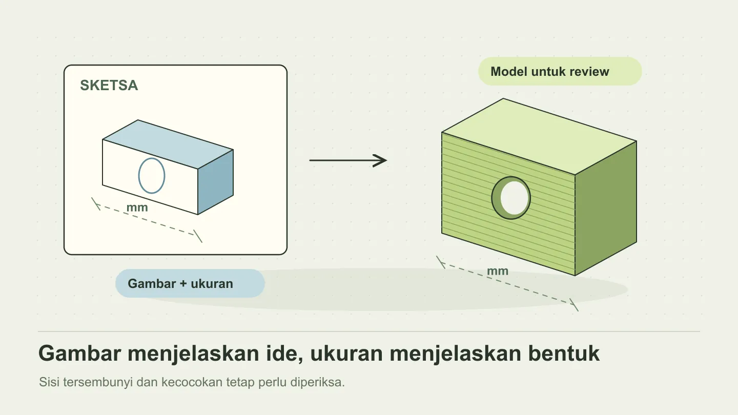 Sketsa benda dengan garis ukuran yang diubah menjadi model tiga dimensi.