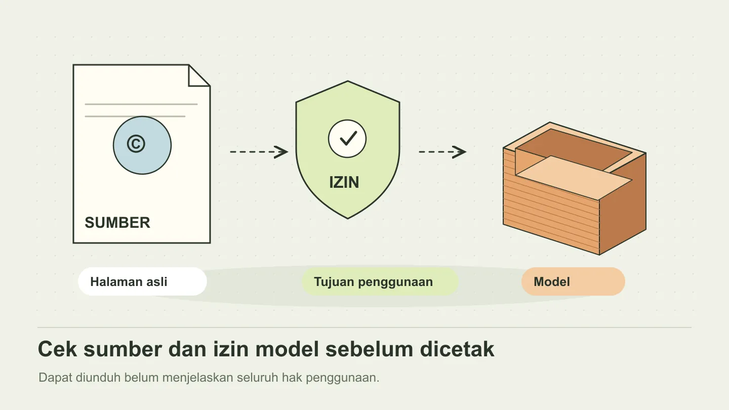 Dokumen izin yang terhubung dengan model 3D untuk memeriksa hak penggunaan desain.