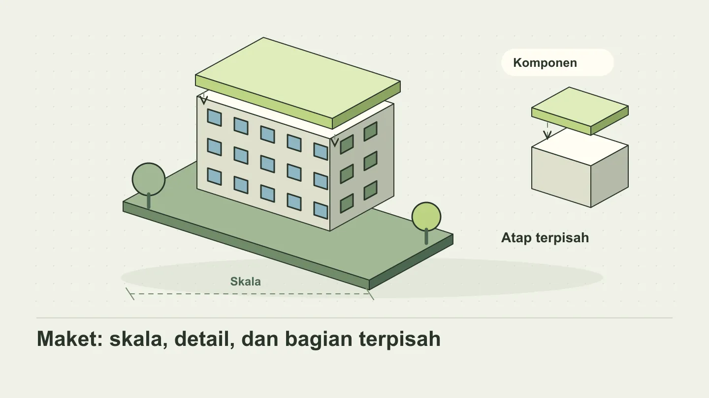 Maket bangunan isometrik dengan bagian model dan alas untuk perencanaan cetak 3D.