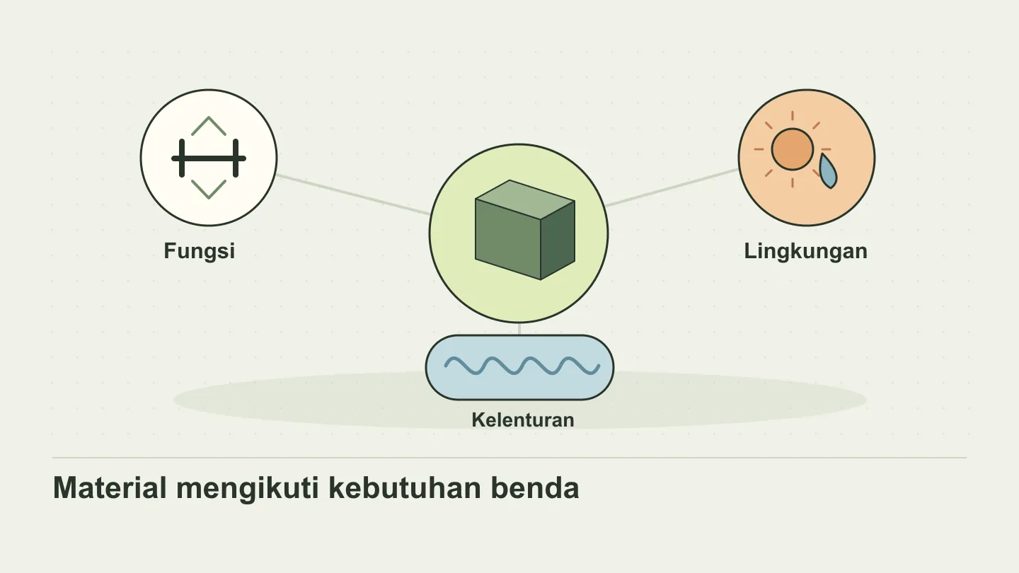 Diagram pemilihan bahan cetak 3D berdasarkan fungsi, lingkungan, dan sifat benda.