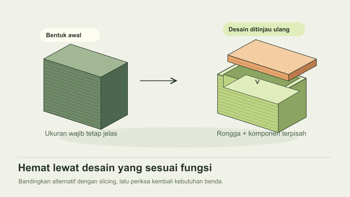 Perbandingan desain benda padat dan desain yang disederhanakan untuk mengurangi kebutuhan cetak.