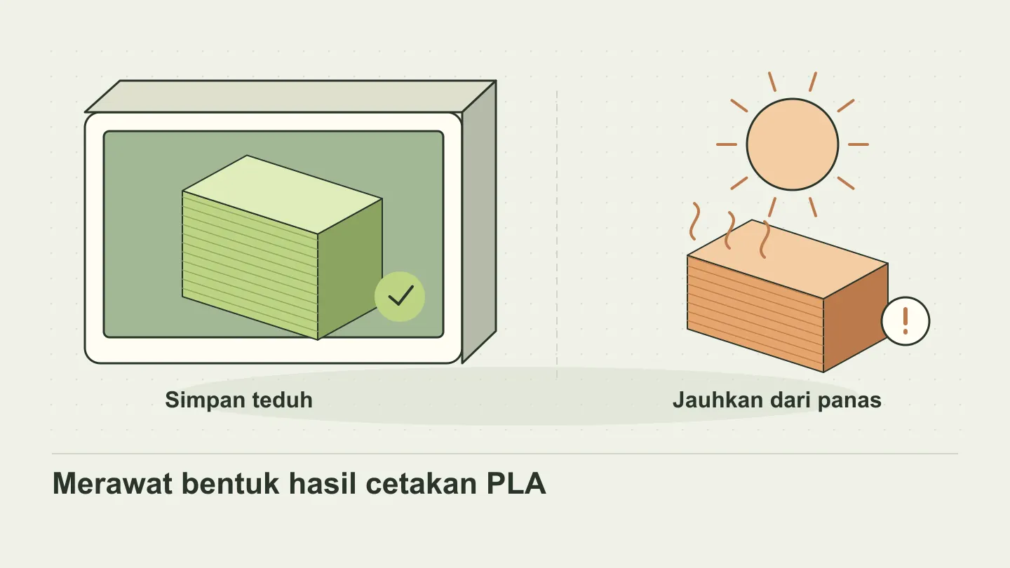 Benda PLA di tempat penyimpanan terlindung dibandingkan dengan paparan matahari dan panas.