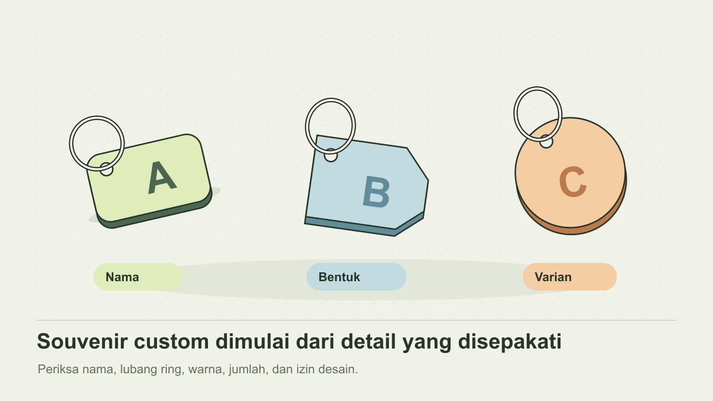 Contoh ilustratif gantungan kunci personal dengan bentuk dan inisial yang berbeda.