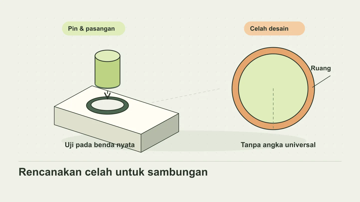 Pin dan lubang pasangan dengan celah yang ditunjukkan untuk menjelaskan sambungan cetak 3D.