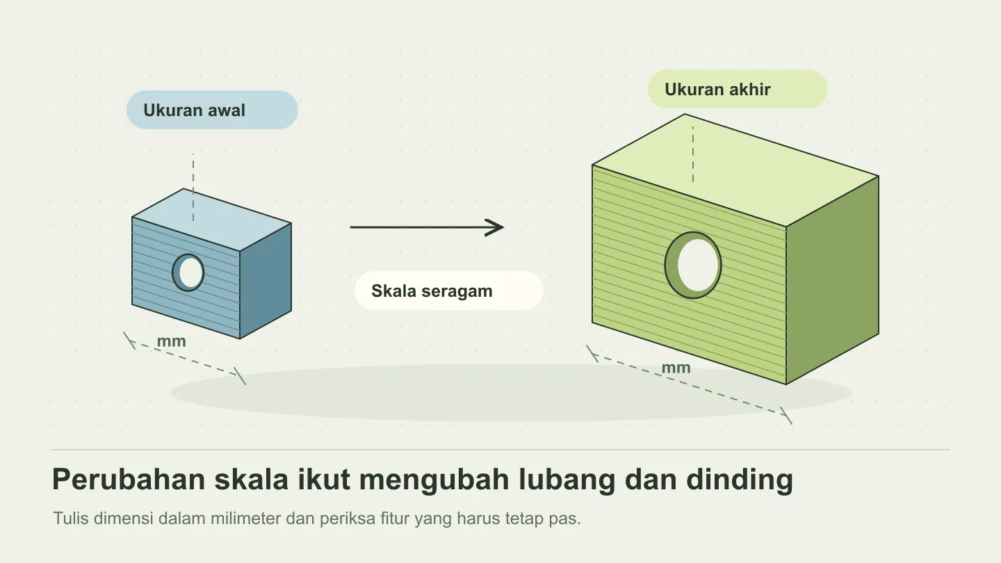 Dua model serupa dalam ukuran berbeda dengan garis dimensi untuk memeriksa skala cetakan.